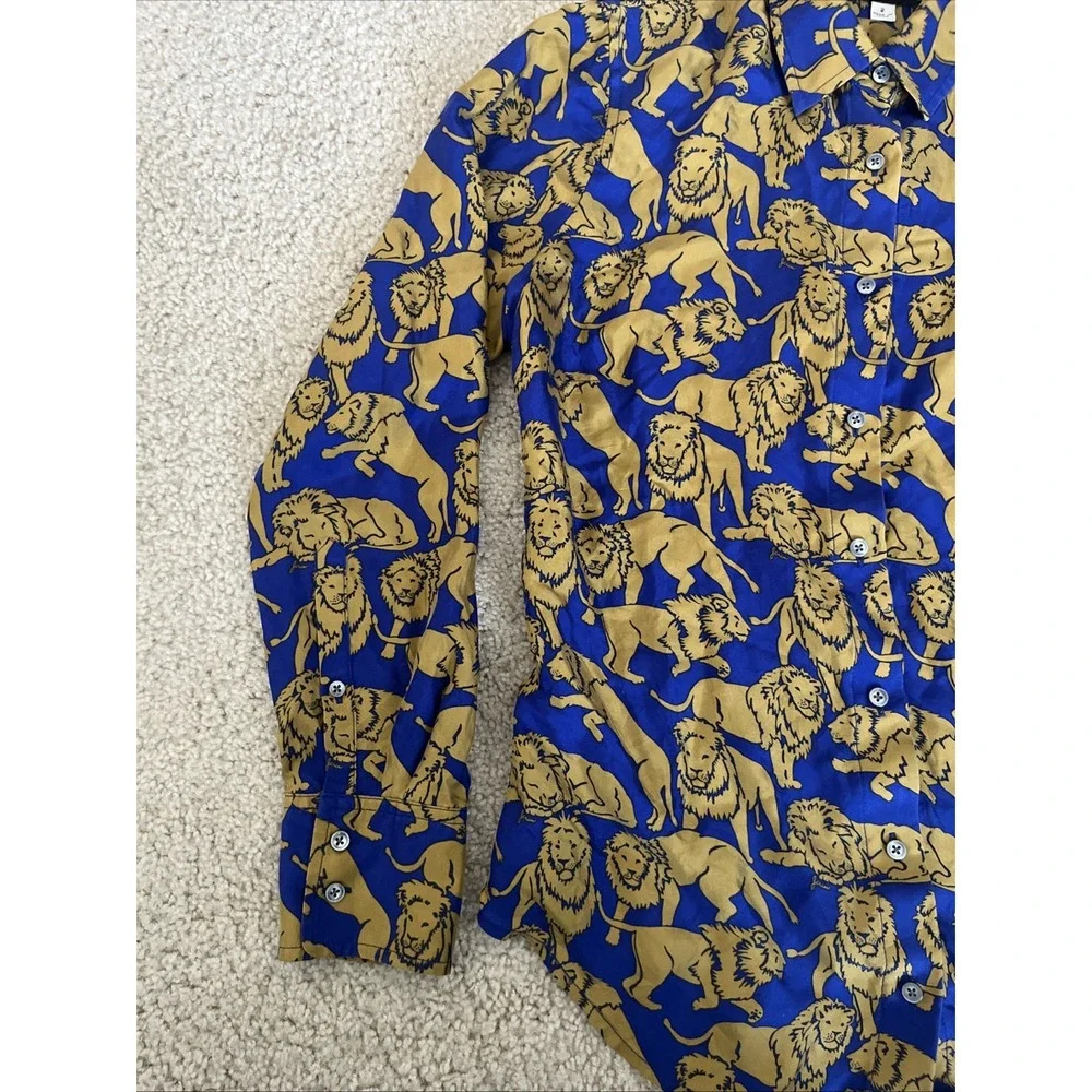 J Crew Collection 100% Silk Sleepy Lions Button Blouse Blue Gold 2